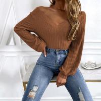 Tops mujer con cuello en V, camiseta manga abombada punto nuevo color caqui para mujer, ropa de moda japonesa. - details 9
