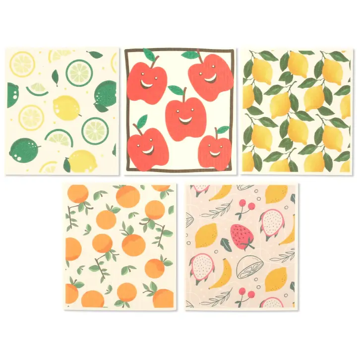 Paños de cocina de microfibra reutilizables, paños suecos con estampado de frutas, absorbentes, para limpieza del hogar, 5 piezas - 1