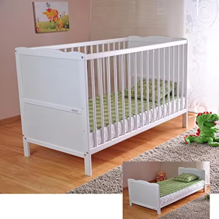 Cuna para bebé con colchón de espuma de aloe vera, rieles con protección dental, altura regulable, color blanco, cama infantil - 1