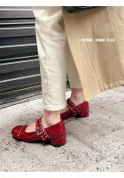Nuevos zapatos franceses Mary Jane cabeza cuadrada diseño de hebilla de una palabra tacón medio grueso boca poco profunda zapatos individuales charol de mujer - details 41