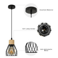 Goeco-Lámpara de Techo Colgante E27, Luz de Techo Vintage Industrial en Madera, Diseño de Jaula de Metal, Negro (Sin Bombilla) - details 4