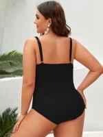 Tamaño grande plisado copa una pieza bikini color sólido señora nadar - details 1