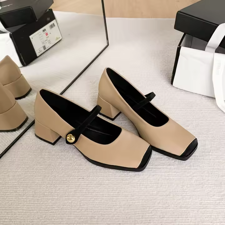 Zapatos Mary Jane franceses de punta cuadrada, individuales, boca ligera, tacón grueso, para mujer, combinación de colores. - 1