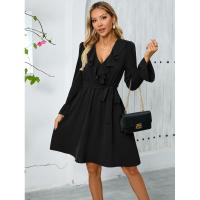 Vestido elegante y bonito con cuello en V para mujer, vestidos informales de manga larga de Color sólido, liquidación - details 13