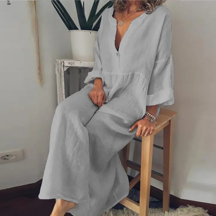 Falda larga de algodón y lino para mujer, ropa informal de manga corta, Color sólido, 2025 - 1