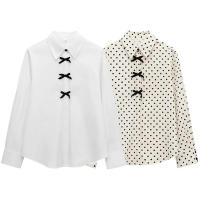 TRAFZA, camisas informales de otoño para mujer, blusa lisa de manga larga con cuello vuelto y lazo decorativo de un solo pecho, blusa de moda para mujer de 2 colores - details 1