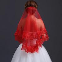 Tocado de velo de encaje largo simple para boda nupcial rojo clásico para mujer - details 4