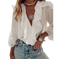 Camisas de gasa de Color liso para mujer, blusas holgadas con volantes y cuello en V, blusas de manga larga, Tops para mujer, ropa de calle de señora nueva de otoño - details 0