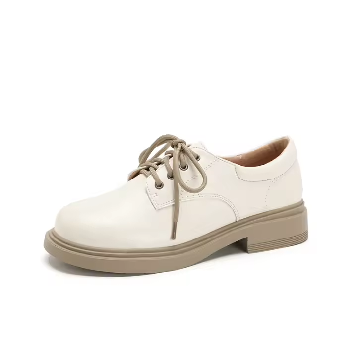 Nuevo otoño cabeza redonda de cuero suave con cordones zapatos individuales de suela plana blanco versátil británico pequeño zapatos de cuero - 1