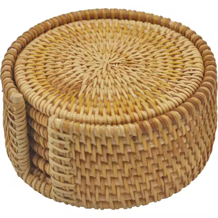Posavasos de ratán Tejidos a Mano – Placas Base y Platos aislados – Accesorios de Cocina para Sala y Comedor – Juego de 6 Piezas con Soporte (ratán, 4 Pulgadas Redondos) - 1