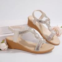 Sandalias de tacón inclinado con diamantes de imitación para mujer, sandalias de playa informales con banda elástica y Punta abierta, Boca de pescado europea y americana - details 2
