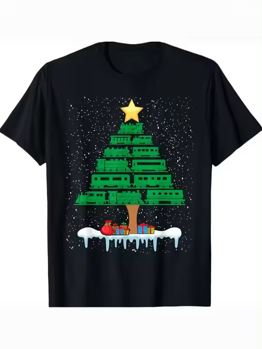Camiseta navideña con diseño de árbol de Navidad para niños, regalo para papá, manga corta con cuello redondo suave y cómoda, 230g - 1