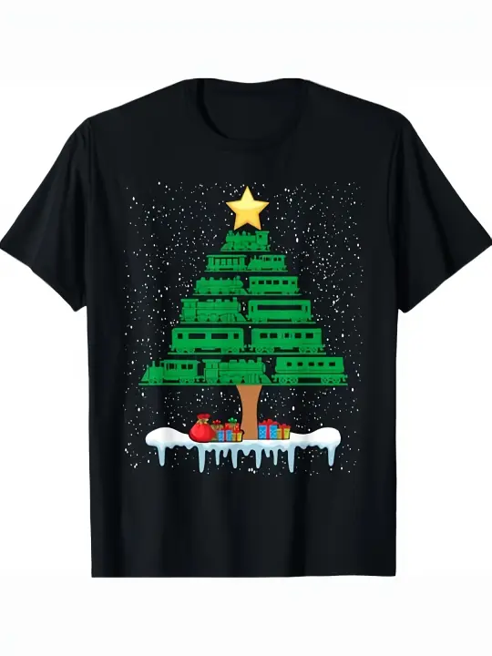 Camiseta navideña con diseño de árbol de Navidad para niños, regalo para papá, manga corta con cuello redondo suave y cómoda, 230g - 1
