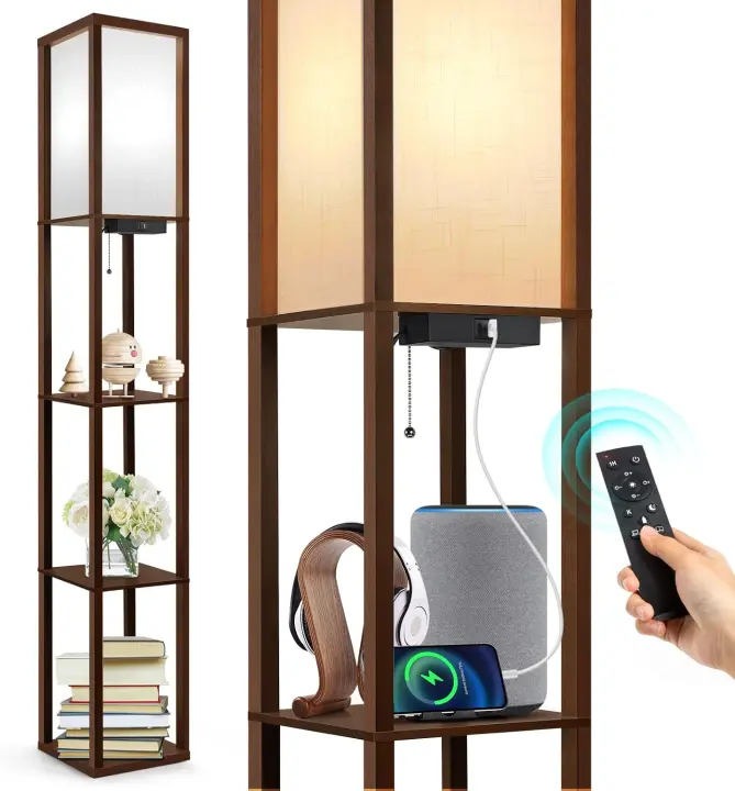 Lámpara de Pie con Carga y Control Remoto Estante de Madera LED Regulable de 4 Temperaturas de Color Incluye Bombilla Para Sala de Estar, Dormitorio, Oficina Decoración Vintage - 1