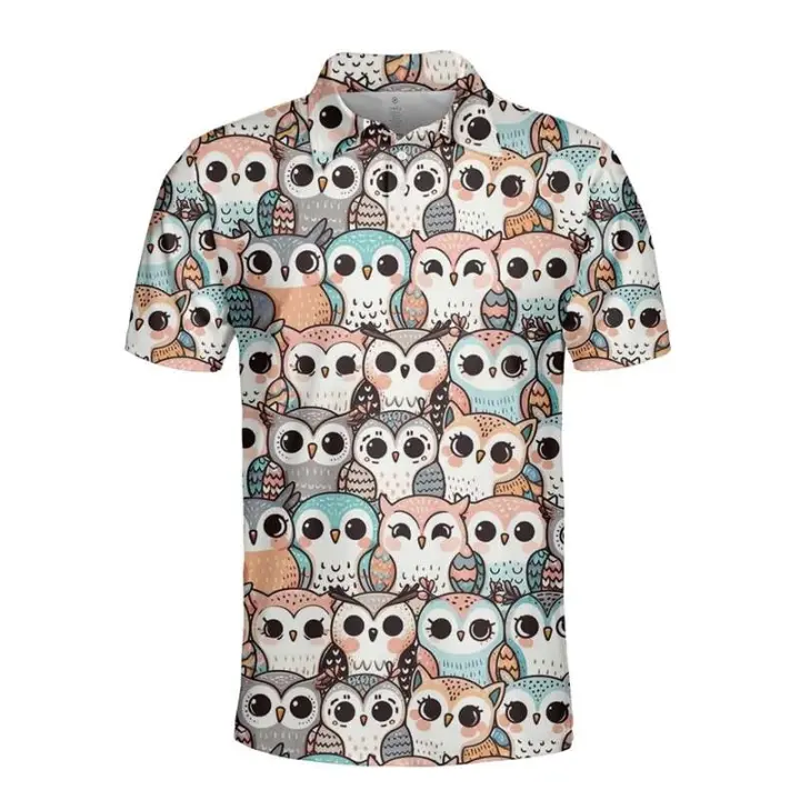 Polos de manga corta para hombre y mujer, camisetas con estampado de dibujos animados de animales, pingüinos, osos, ardillas, botones gráficos, 14 - 1