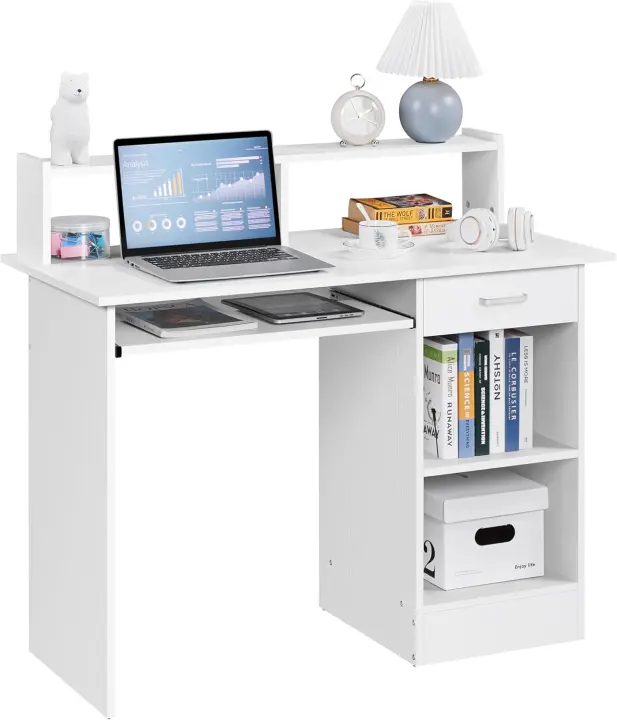 Mesa Escritorio con Soporte de Monitor para Oficina Despacho Mesa de Ordenador de Madera Mesa de Estudio con Cajón Estantes Negro 106 x 50 x 75 cm - 1
