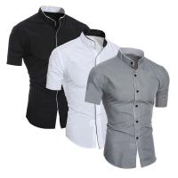 Camisa de moda informal de manga corta de verano para hombre, top ajustado cómodo y transpirable con cuello levantado de color sólido para hombre - details 1