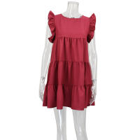 Falda larga plisada para mujer, manga de hoja de loto, cuello redondo, color sólido, lindo vestido de verano, nuevo - details 8