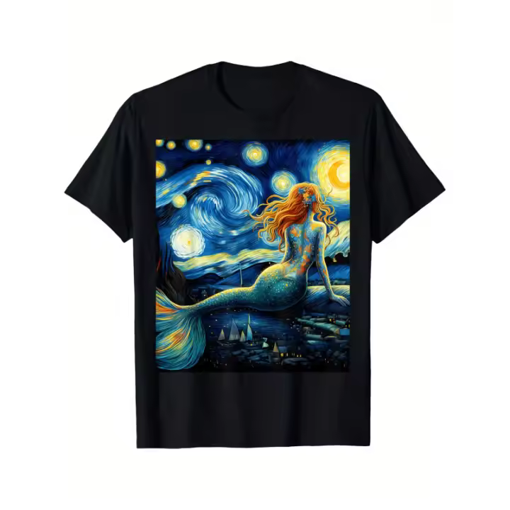 Camiseta navideña con gráfico de sirena bajo el cielo estrellado, diseño interesante de puro algodón seleccionado, camiseta de manga corta DIY para hombres, suave y transpirable, adecuada para todas las estaciones, cómoda, informal y deportiva - 1