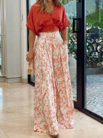Women casual 2 pieces set elegant v neck short sleeve tops and print wide leg pants - details 2