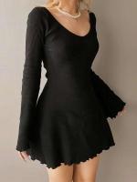 Vestido tejido para mujer primavera otoño Color sólido cuello en V Oficina señora dobladillo Irregular básico Simple vestidos delgados - details 2