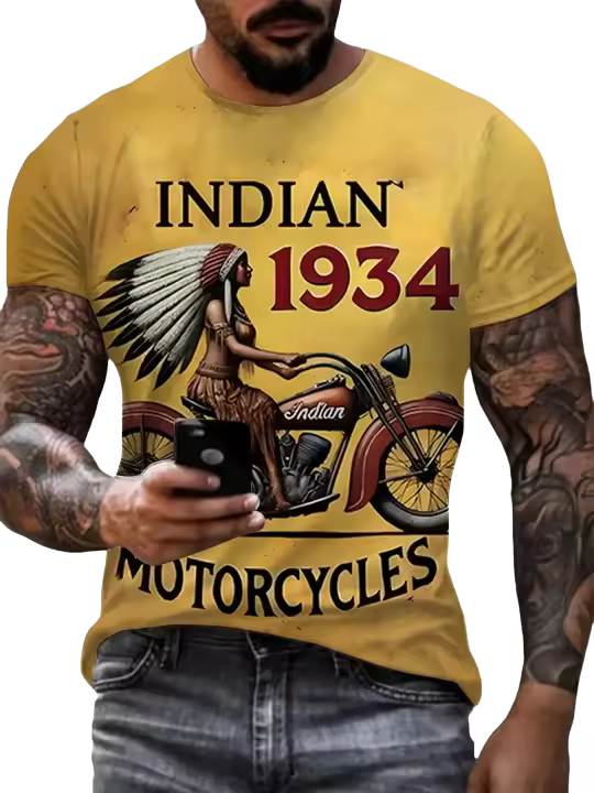 1 camiseta con estampado gráfico de motocicletas indias digitales en 3D, camiseta con estampado completo, camiseta unisex adecuada para todas las estaciones, camiseta de manga corta adecuada para uso diario, hogar, viajes, fitness - 1