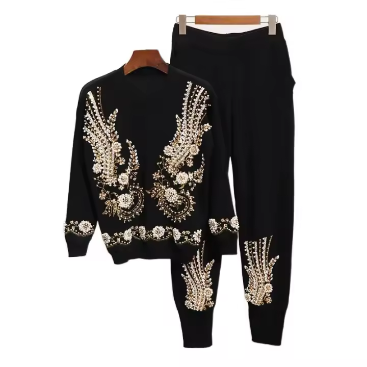 Conjunto de 2 piezas para mujeres, chándal con flores, lentejuelas y perlas, top de punto y pantalón, conjunto deportivo casual - 1