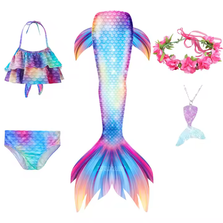 Disfraz de sirena para niños y niñas, traje de baño de fantasía, Bikini de playa sin Monofin - 1