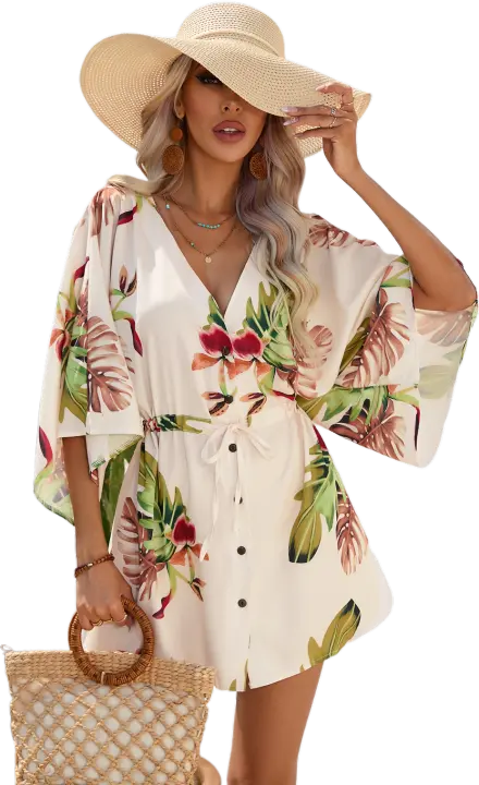 Mini Vestido de playa bohemio para mujer, vestidos informales con estampado Floral, pantalones cortos Dolman, manga corta, Beige S - 1