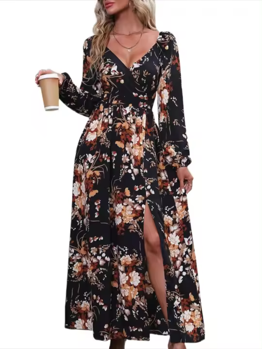 Vestidos elegantes de moda con cuello en V y mangas primavera otoño nuevo vestido largo estético con flores para mujeres calientes - 1