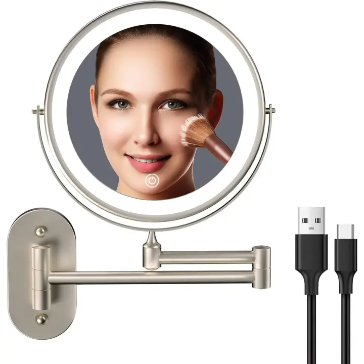 Luz de maquillaje recargable por USB, aumento de 1X/10X, luces táctiles ajustables de pared de 8 pulgadas, 3 colores, rotación de 360 ​​grados, doble cara - 1
