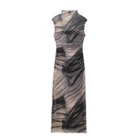 TRAFZA-Vestido largo plisado sin mangas para mujer, traje elegante con estampado de tul, ajustado, para otoño, 2023 - details 2