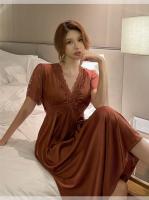 Ropa de dormir Sexy de encaje de seda helada para mujer, camisón de boda rojo de manga corta con cuello en V y almohadilla para el pecho, chino anual de verano - details 14