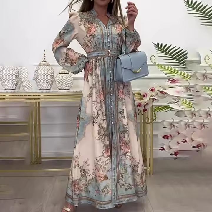 Vestido de primavera estilo palacio estampado de manga larga con cuello en V y temperamento para mujer 2025 con gran exhibición - 1