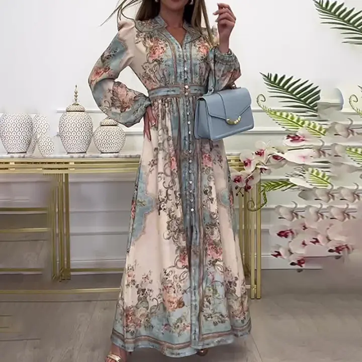 Vestido de primavera estilo palacio estampado de manga larga con cuello en V y temperamento para mujer 2025 con gran exhibición - 1