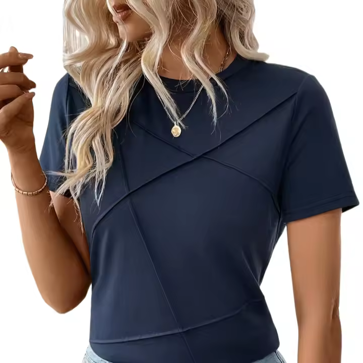 Camiseta con cuello redondo a rayas y palillo de dientes de color sólido zafiro - 1