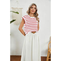 BUNO-2025 Tops para mujer, pantalón corto informal de moda de verano, camisetas básicas con textura a rayas de Color sólido y cuello redondo - details 70