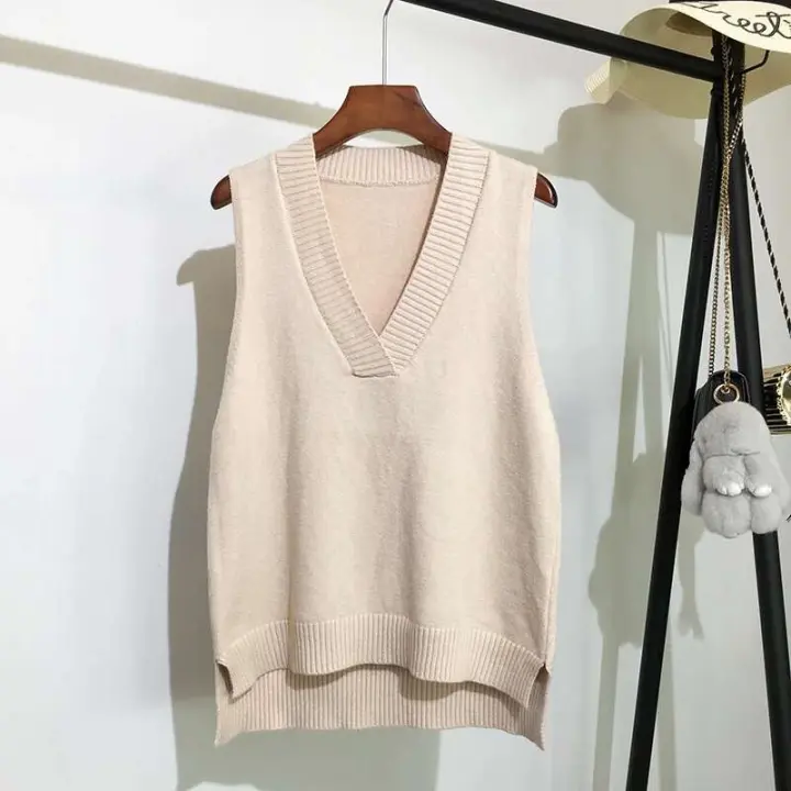 Suéter sae suelto coreano de punto con cuello en V para mujer, chaleco sin mangas, otoño e invierno - 1