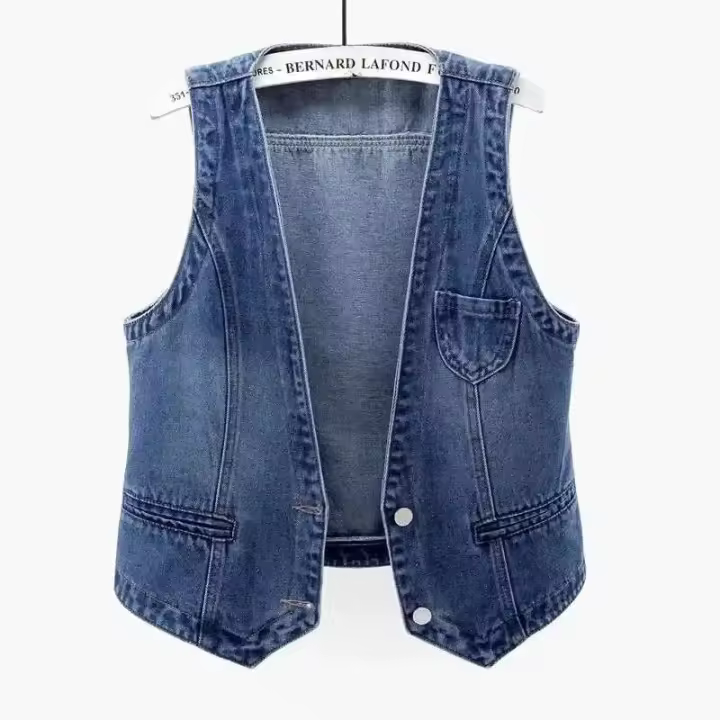 Chaleco Denim Retro Coreano Cuello en V, Ajuste Ajustado, Sin Mangas, Moda para Mujeres 2024 T380 - 1