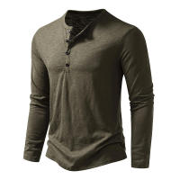 Camiseta de manga larga para hombre, Camisa de algodón con botones y cuello Henley, informal, de Color sólido, a la moda, transpirable, para uso diario - details 15