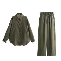 OUWU- Conjunto De Pantalones De Pierna Ancha Para Mujer, Camisa Informal De Manga Larga Con Cuello Tipo Polo, A Rayas Finas, A La Moda, Primavera - details 2