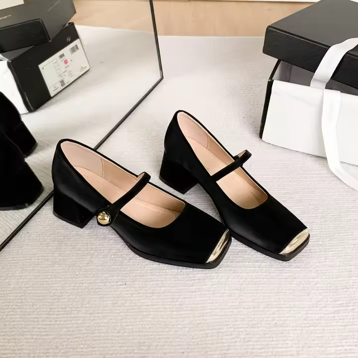Zapatos Mary Jane franceses de punta cuadrada, individuales, boca ligera, tacón grueso, para mujer, combinación de colores. - 1