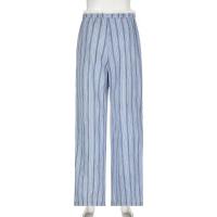 Pantalones holgados de pierna recta a rayas para mujer, moda coreana, cintura elástica, dobladillo empalmado, pantalones femeninos - details 3