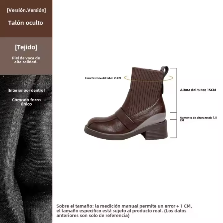 Nuevo Punto Interior Aumento de Altura Tacón Grueso Botas Cortas Cabeza Cuadrada Marrón Elástico - 1
