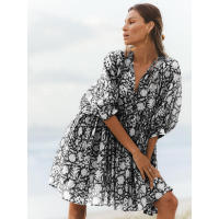 Vestido corto de vacaciones de playa de rayón informal suelto con lazo floral para mujer de moda de verano - details 81