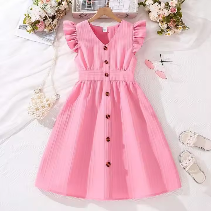 Vestido Rosa para Niñas de 8 a 12 Años Manga Voladora y Cuello en V Vestido Casual Dulce para el Verano 2024 - 1