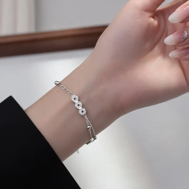 Pulsera de Moneda de Cobre con Cuentas Diseño Cuadrado de Línea Sensación de Alta Gama - 1