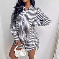 Gran oferta, vestido camisero irregular con solapa de manga larga a rayas de colores contrastantes a la moda para mujer, tendencia para mujer - details 0