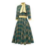Vestido Midi de Cuello Alto con Lazo de Cuadros Retro Moda de Invierno para Mujeres Hepburn - details 8