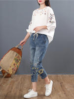 Pantalones de mezclilla grande con estampado floral para mujer moda verano 2023 pantalones casuales bordados elásticos vintage de talla grande lavado a mano material exterior denim - details 1